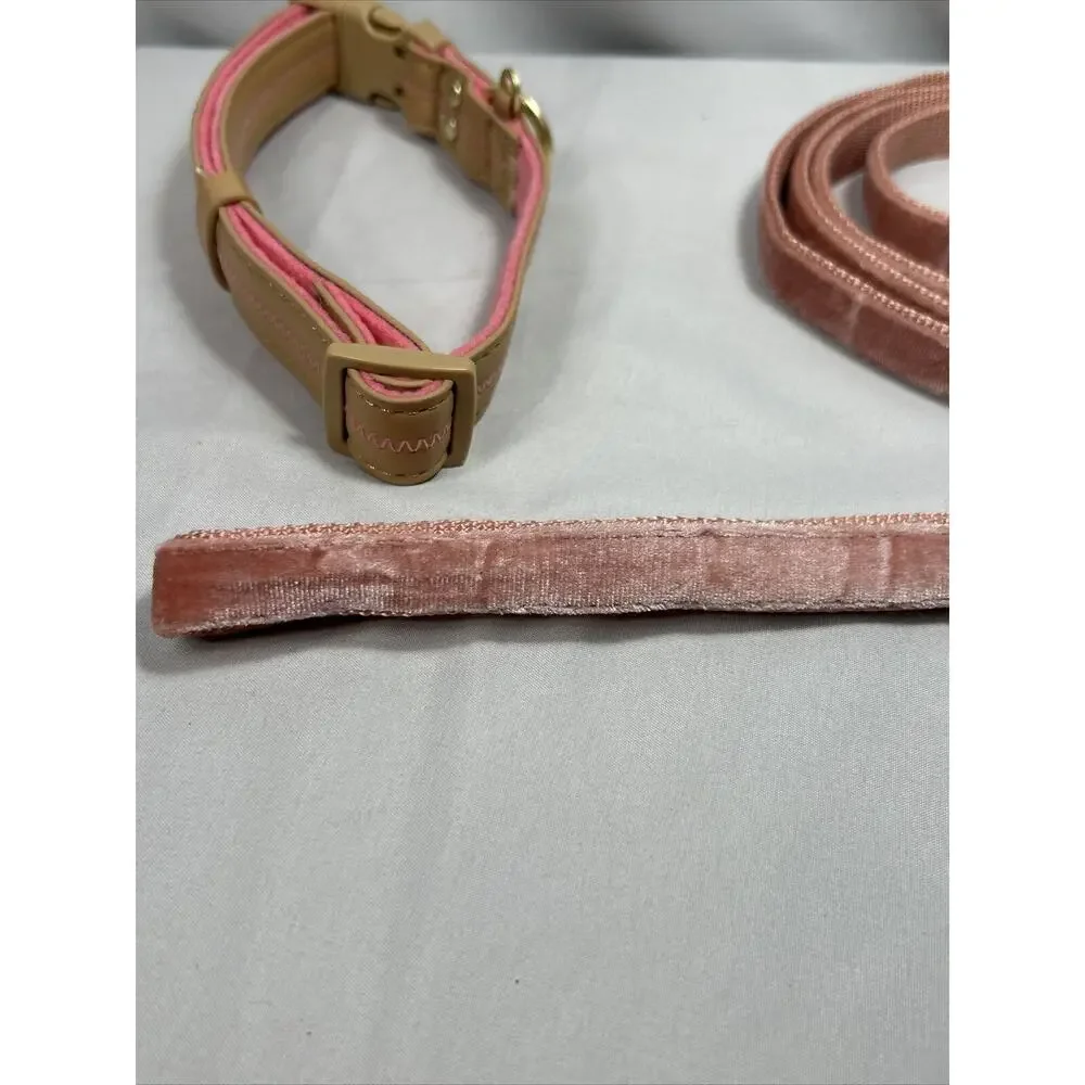 Medium 14-18” Brown/Pink Dog Collar 3/4” and 6’ Velvet Leash 1/2” Wide